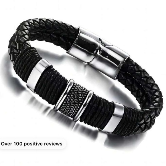 BLACK STAINLESS STEEL LEATHER BRACELET - Picture 3 of 3